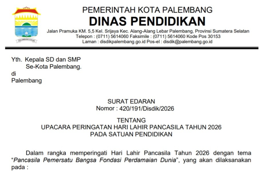Dinas Pendidikan Kota Palembang menerbitkan Surat Edaran Nomor 420/191/Disdik/2026 Terkait Pelaksanaan Upacara Peringatan Hari Lahir Pancasila Tahun 2026 di seluruh satuan pendidikan.[ Poto : Hasan Basri]