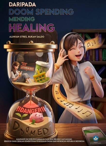 Caption Foto: Poster karya siswa SMA Negeri 3 Unggulan Kayuagung yang mengusung tema literasi keuangan bertajuk “Daripada Doom Spending Mending Healing: Alihkan Stres, Bukan Saldo”. Karya ini mengajak generasi muda mengelola keuangan secara bijak dan menyalurkan stres melalui kegiatan positif, tanpa terjebak perilaku belanja impulsif. Poster tersebut mengantarkan SMAN 3 Unggulan Kayuagung meraih Juara Harapan I cabang Desain Poster pada FLS3N tingkat nasional, 6 Oktober 2026.